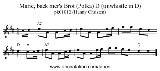 Marie, back mer's Brot (Polka) D (tinwhistle in D) - staff notation