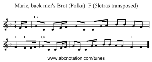 Marie, back mer's Brot (Polka) F (5letras transposed) - staff notation