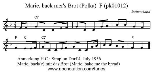 Marie, back mer's Brot (Polka)  F (pk01012) - staff notation
