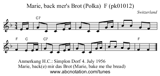 Marie, back mer's Brot (Polka)  F (pk01012) - staff notation