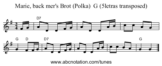Marie, back mer's Brot (Polka)  G (5letras transposed) - staff notation