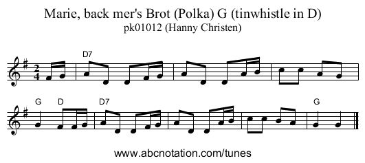 Marie, back mer's Brot (Polka) G (tinwhistle in D) - staff notation