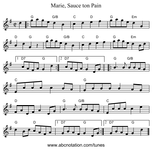 Marie, Sauce ton Pain - staff notation