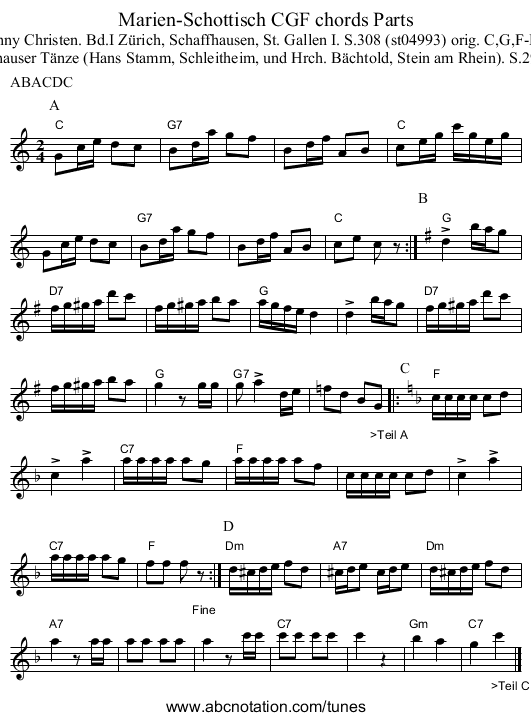 Marien-Schottisch CGF chords Parts - staff notation