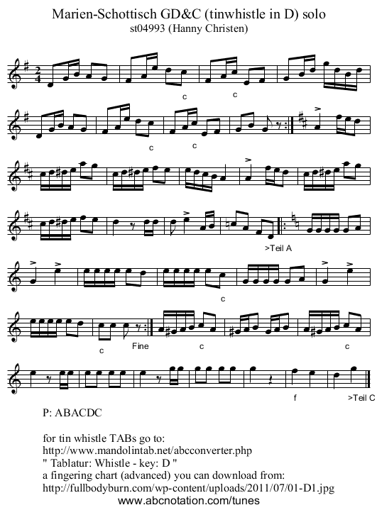 Marien-Schottisch GD&C (tinwhistle in D) solo - staff notation