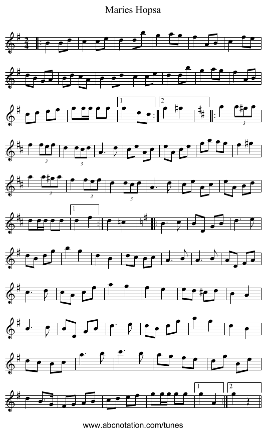 Maries Hopsa - staff notation