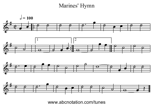Marines' Hymn - staff notation