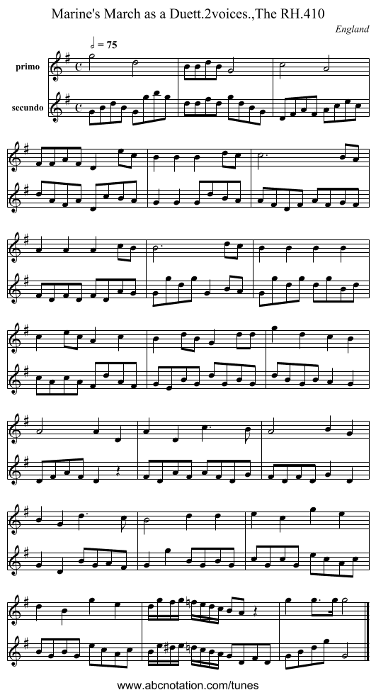 Marine's March as a Duett.2voices.,The RH.410 - staff notation