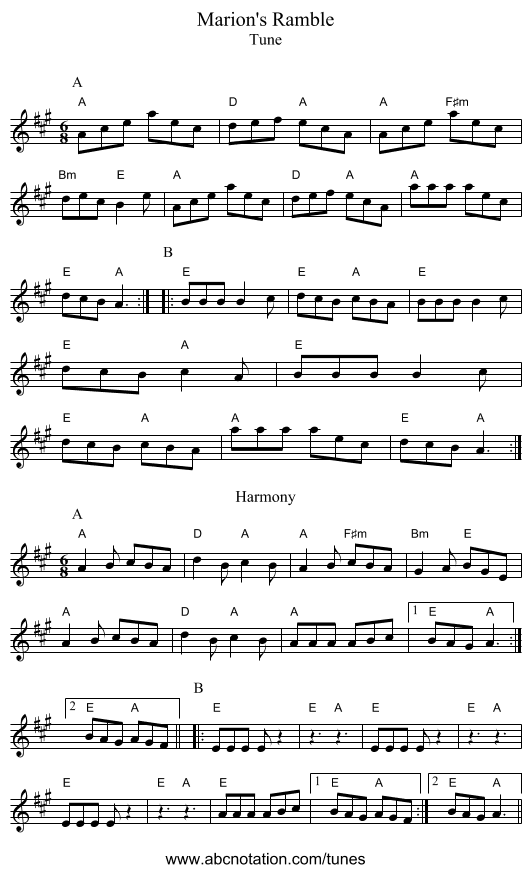 Marion's Ramble - staff notation