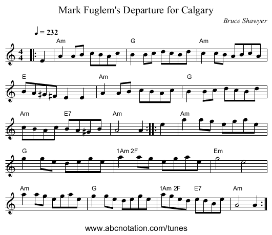 Mark Fuglem's Departure for Calgary - staff notation