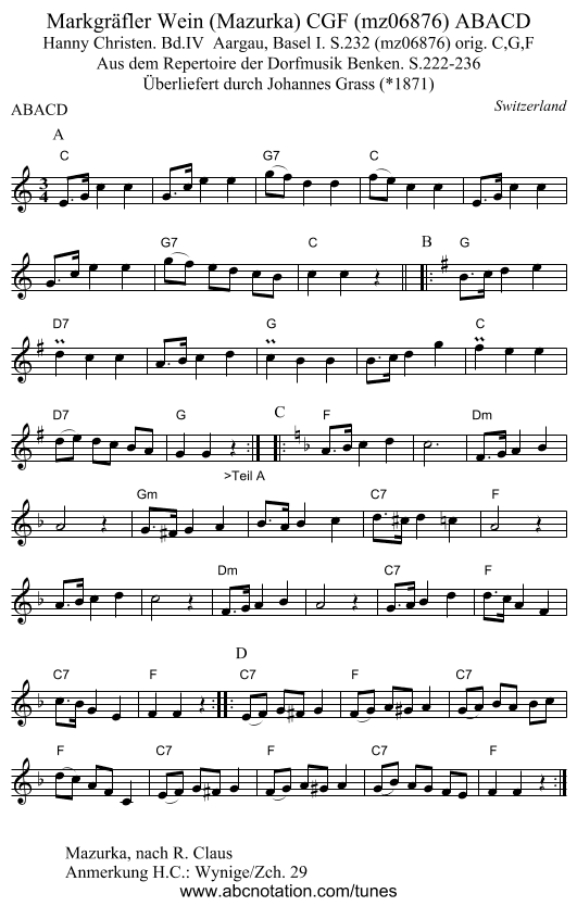 Markgräfler Wein (Mazurka) CGF (mz06876) ABACD - staff notation