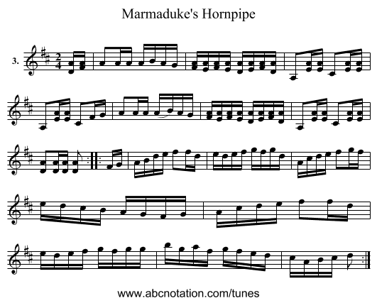 Marmaduke's Hornpipe - staff notation