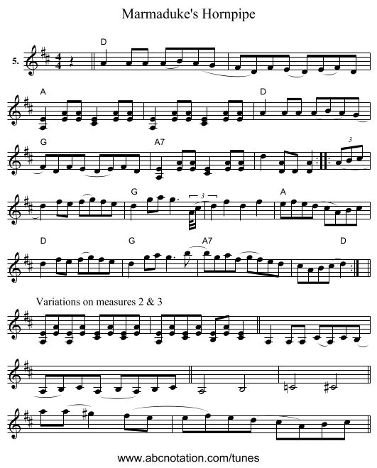 Marmaduke's Hornpipe - staff notation