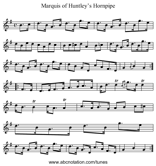 Marquis of Huntley’s Hornpipe - staff notation