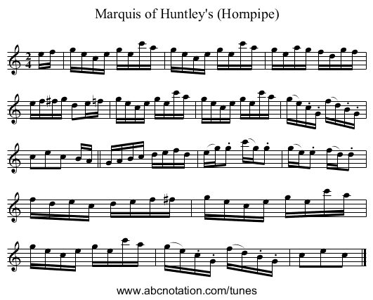 Marquis of Huntley's (Hornpipe) - staff notation