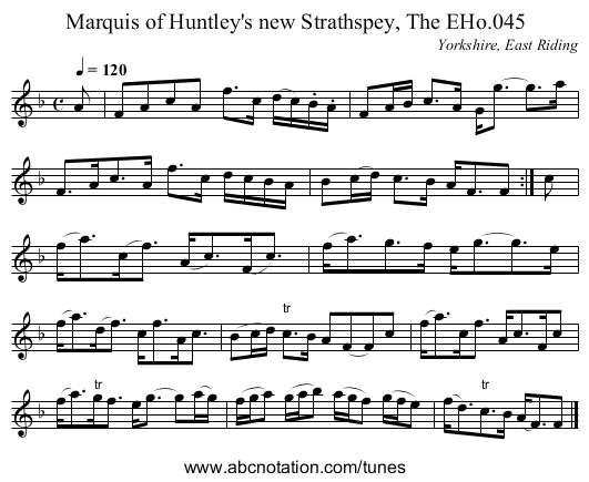 Marquis of Huntley's new Strathspey, The EHo.045 - staff notation