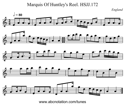 Marquis Of Huntley's Reel. HSJJ.172 - staff notation