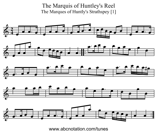 Marquis of Huntley's Reel, The - staff notation