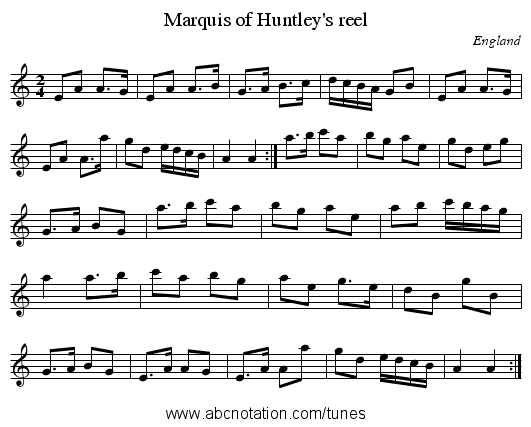 Marquis of Huntley's reel - staff notation