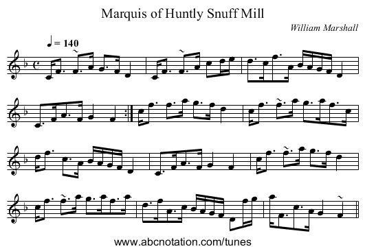 Marquis of Huntly Snuff Mill - staff notation