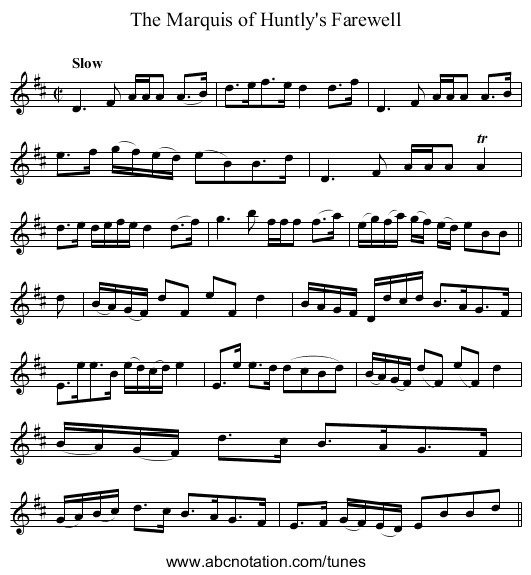 Marquis of Huntly's Farewell, The - staff notation