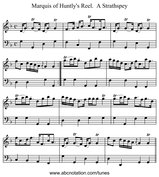 Marquis of Huntly's Reel.  A Strathspey - staff notation