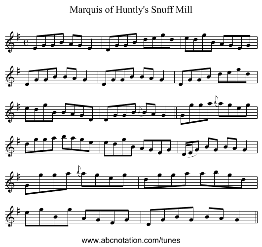 Marquis of Huntly's Snuff Mill - staff notation