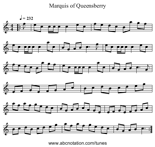 Marquis of Queensberry - staff notation