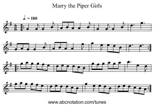 Marry the Piper Girls - staff notation