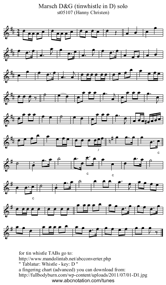Marsch D&G (tinwhistle in D) solo - staff notation