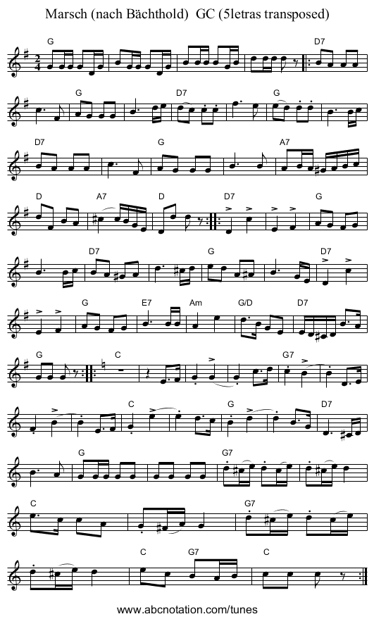 Marsch (nach B&auml;chthold)  GC (5letras transposed) - staff notation