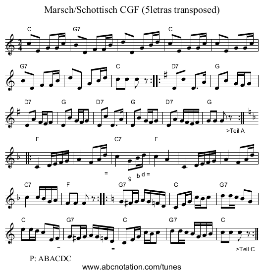 Marsch/Schottisch CGF (5letras transposed) - staff notation