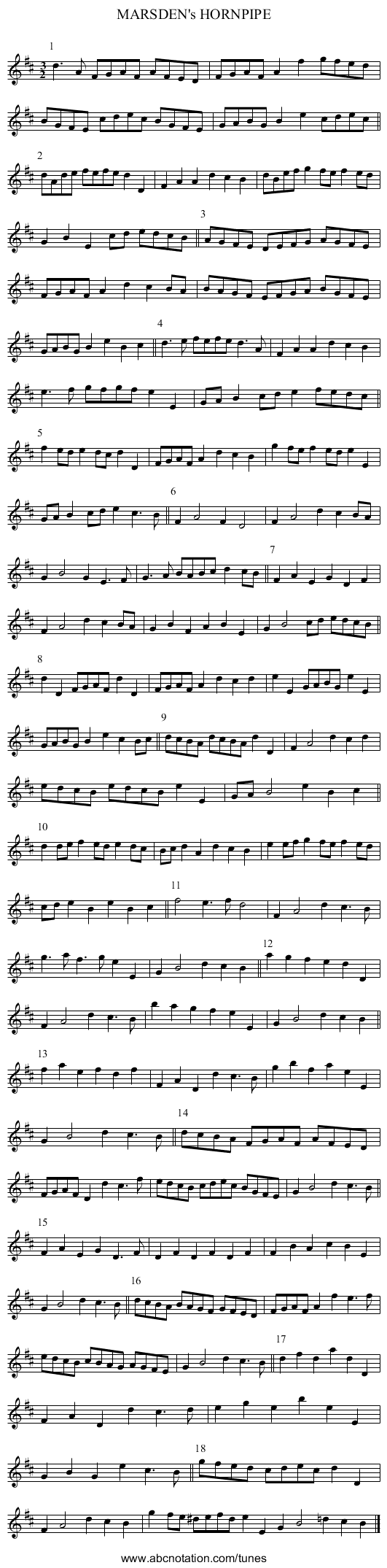MARSDEN's HORNPIPE - staff notation