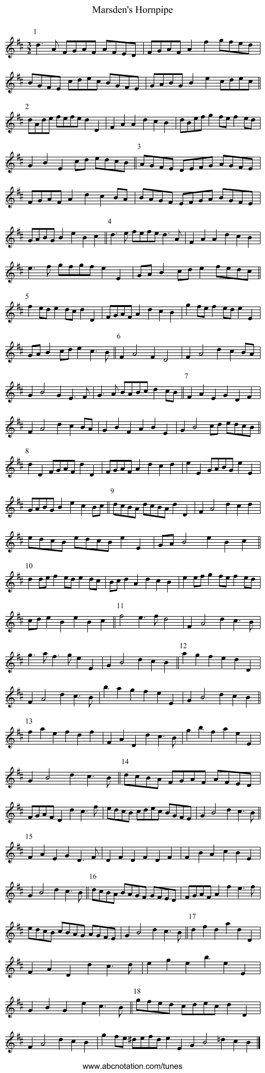 Marsden's Hornpipe - staff notation