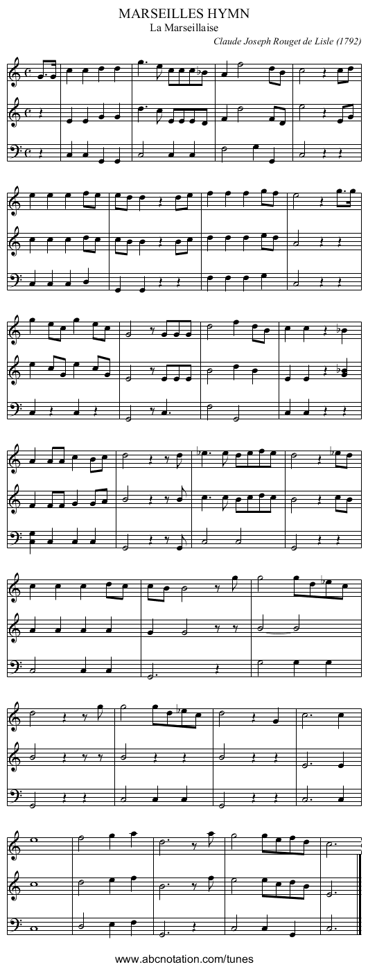 MARSEILLES HYMN - staff notation