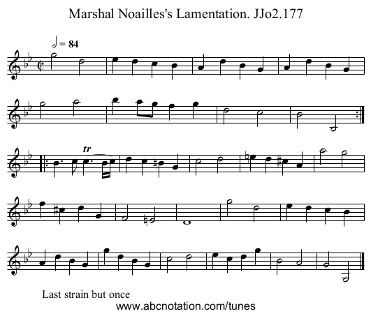 Marshal Noailles's Lamentation. JJo2.177 - staff notation