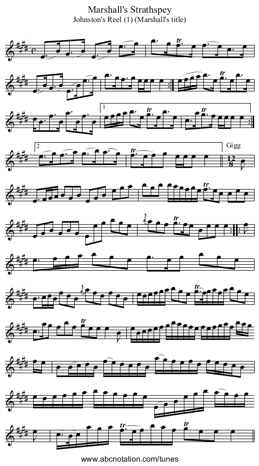 Marshall's Strathspey - staff notation