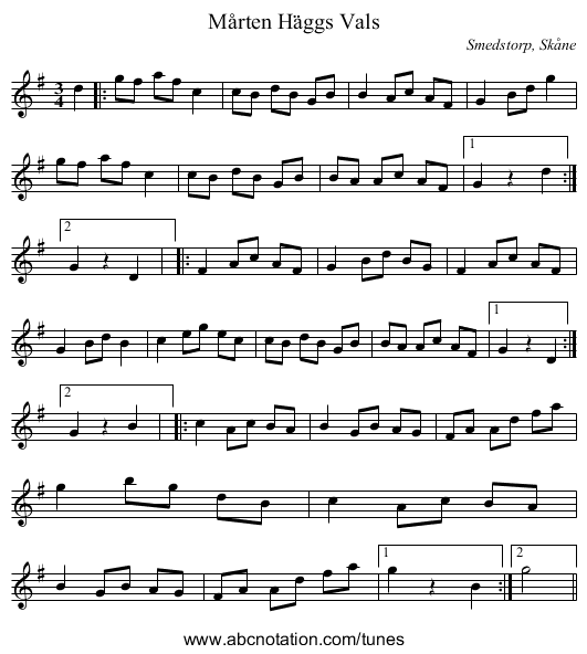 Mårten Häggs Vals - staff notation