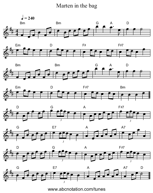 Marten in the bag - staff notation