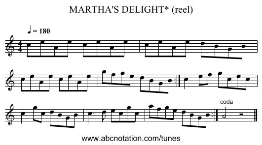 MARTHA'S DELIGHT* (reel) - staff notation