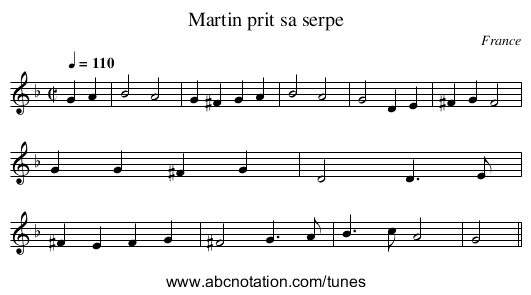 Martin prit sa serpe - staff notation