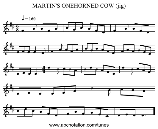 MARTIN'S ONEHORNED COW (jig) - staff notation