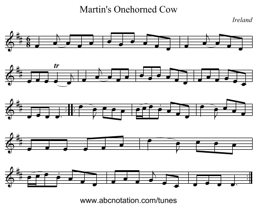 Martin's Onehorned Cow - staff notation