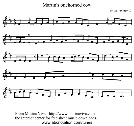 Martin's onehorned cow - staff notation