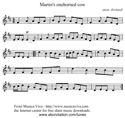 Martin's onehorned cow - staff notation