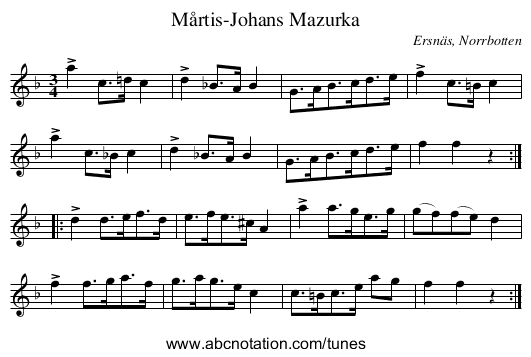 Mårtis-Johans Mazurka - staff notation