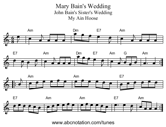 Mary Bain's Wedding - staff notation