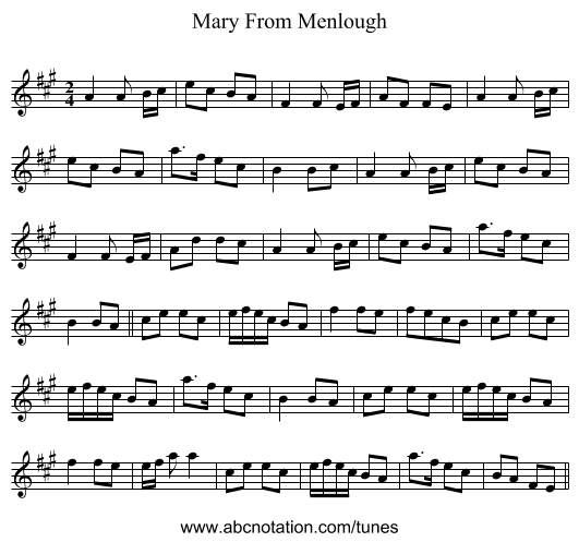 Mary From Menlough - staff notation