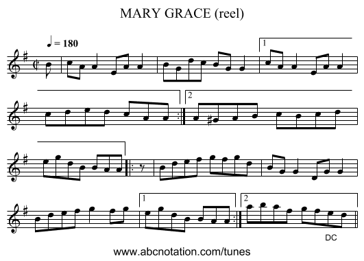 MARY GRACE (reel) - staff notation