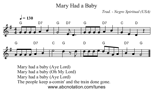 Mary Had a Baby - staff notation